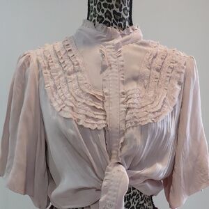 100% Silk Peter Nygard Pale Pink Ruffled Lace-Trim Blouse
